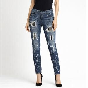 Bebe Destroyed Splatter Patchwork Rhinestone Skinny Jeans Long Size 27